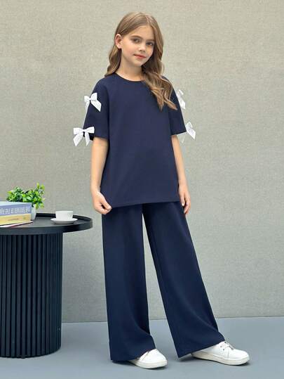 SHEIN Nova Glow Tween 女童纯色圆领蝴蝶结宽松 T 恤和宽松长裤两件套休闲套装