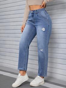 SHEIN Tall Jeans de tiro alto estilo novio desgastados para mujer, ajuste holgado y lavado vintage Y2K
