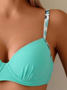 SHEIN Swim 女士纯绿色聚拢褶皱肩带沙滩装比基尼上衣夏季泳装 - 薄荷綠 - 查看 4