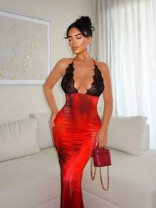 SHEIN SXY Elegancka seksowna sukienka damska z koronkowymi łatkami i odkrytymi plecami - Burgund - Zobacz 3