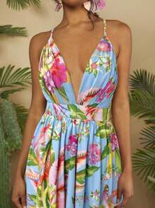 Travachic Vacation Style Women's Plant Printed Spaghetti Strap Dress