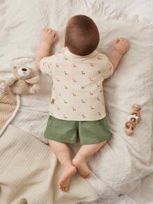 Cozy Pixies 2pcs/Set Newborn Baby Girl Soft Knit Crew Neck Short Sleeve Top And Elastic Waist Shorts Set - Green - View 2