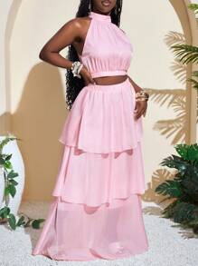Slaydiva Summer Vacation Halter Sleeveless Top & Mesh Layered Ruffle Trim Skirt 2 Pieces Set For Women, Pink - Pink - View 3