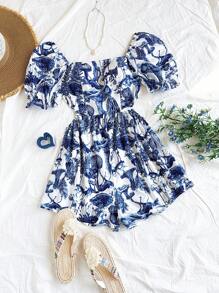 Soleia 女士度假休闲全印花泡泡袖连体衣海滩度假服装女士春夏服装西部音乐节波西米亚假日波西米亚风 - 彩色 - 查看 6