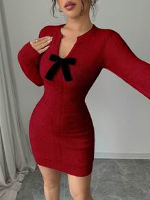 SHEIN ChicEase 2024 Autumn/Winter Fashion Elegant V-Neck Bow Design Fitted Sweet Knit Midi Dress - Burgundy - View 4