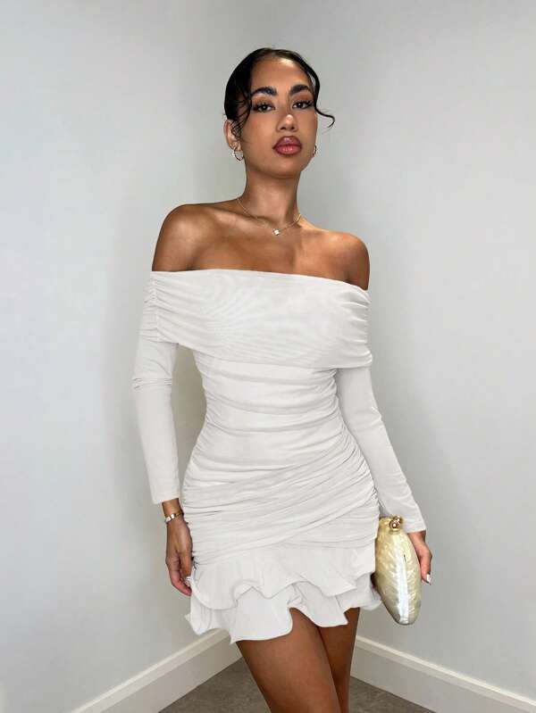 SHEIN BAE Vestido pequeño elegante y dulce de manga larga con hombros abiertos y volante exagerado en el bajo, de unicolor melocotón, de punto de malla, apropiado para el té de la tarde, salidas de moda, citas, salidas dulces, fiestas navideñas, vestidos de Nochevieja, atuendos de vacaciones de las mujeres