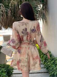 DAZY 女士碎花灯笼袖收腰连体裤，优雅假日夏季女式连体裤度假装 - 粉色 - 查看 2