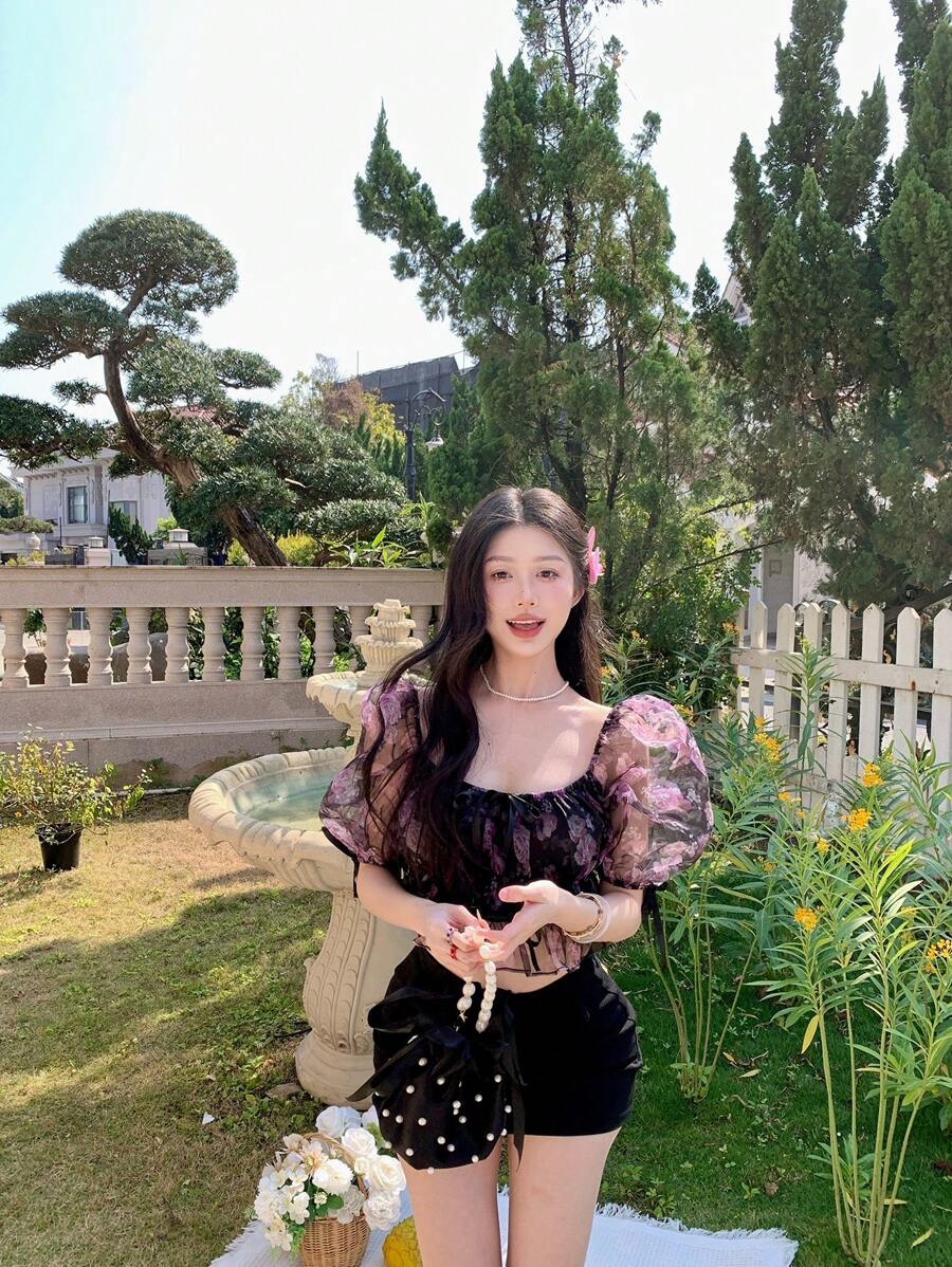 DAZY 女士甜美设计系带蝴蝶结碎花网纱泡泡袖露脐上衣度假风 - 彩色 - 查看 1