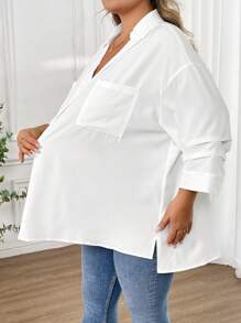 SHEIN CURVE+ Plus Size Casual Commuter Solid Color Wrap Loose Shirt - White - View 8