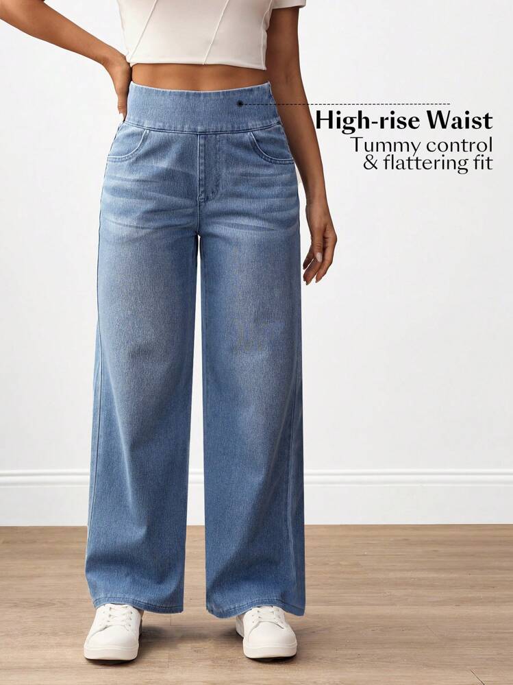 SHEIN PETITE High Waist Casual Wide Leg Women's Jeans, Suitable For Everyday Wear - Blue - View 4