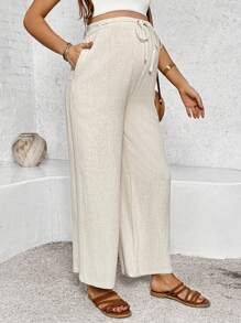 SHEIN Vacation BOHO Bowknot Decor Solid Color Maternity Pants - Green - View 4