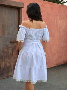 RueChic Plus Off Shoulder Dress With Lace Details - White - View 2