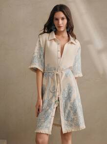 Anewsta Hollow Out Embroidery Lapel Single-Breasted Tie-Waist Shirt Dress, Elegant For Vacation, Beach, Spring/Summer