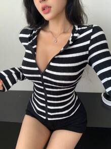DAZY 女式休闲条纹拉链连帽衫长袖女式上衣 - 黑與白 - 查看 4