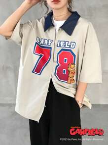 Garfield X FRIFUL Women's Loose Denim Effect Contrasting Splicing Letter Graphic Print Collabo Shirt, Summer Outdoor Wear - Khaki - View 4