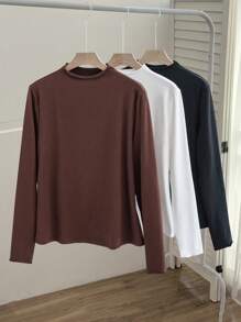 SHEIN EZwear 3 件大码套装：高领波浪下摆长袖 T 恤，休闲简约，适合秋冬季 - 彩色 - 查看 11