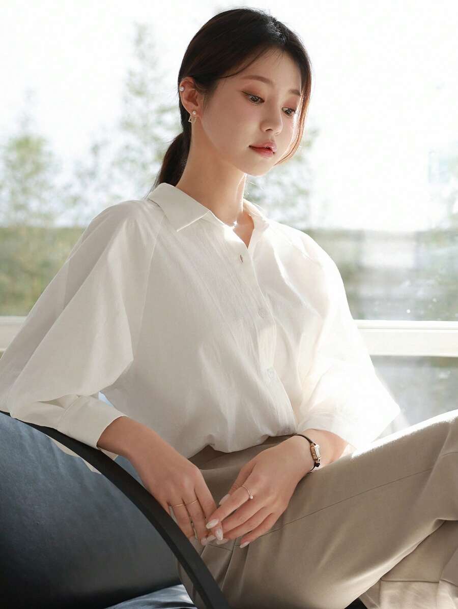 DAZY Elegant Solid Color Round Collar Loose 3/4 Sleeve Women's Shirt For Commuting, Spring & Summer - White - View 1