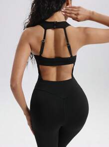 Solid Color Backless Sleeveless Seamless Yoga Jumpsuit - Black - View 5