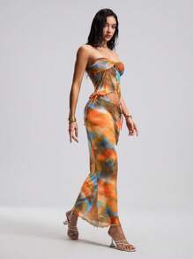 Swim EVENT 2pcs Set Women Summer Beach Party Tie-Dye Cropped Bustier Top And Mermaid Hem Skirt Cover Up Set (Purchased Copyright) - Multicolor - View 1