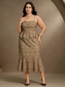 Anewsta 女式大码荷叶边吊带背心豹纹卡其色吊带背心连衣裙夏季女装 - 卡其色 - 查看 6