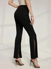 Modelyn 女士撞色蕾丝喇叭优雅裤 - 黑色 - 查看 6