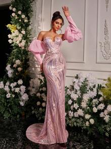 Glamrae Vestido de Festa Elegante e de Luxo, Ombro de Fora, Sem Alças, Assimétrico, Decote em V, Manga Lanterna de Tule, Bainha de Sereia Bordada, Vestido de Festa, Vestido de Convidado de Casamento, Vestido Formal, Vestido de Noite - Rosa chiclete - Visão 7