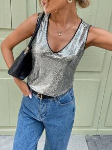 SHEIN LUNE Neuer Pailletten verzierter ärmellose Lässig Tank Top für Frühling & Sommer, Streetfashion Top für Valentinstag