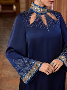 Al Najma 女士优雅闪亮水钻喇叭袖阿拉伯风格连衣裙 - 藏蓝色 - 查看 5