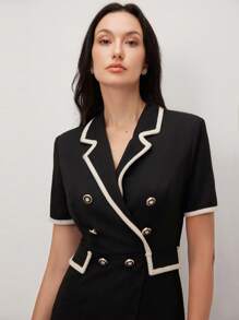 BizChic Black Notched Collar Double-Breasted Elegant Jumpsuit, Suitable For Work, Spring/Summer - Black - View 4