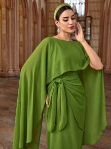 Al Najma Women's Solid Color Round Neck Batwing Sleeve Waist Tie Dress, Arabian Dresses