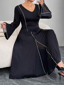 Modelyn Plus Size Elegant Contrast Color Trim Bell Sleeve Midi Dress