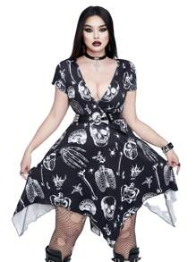 Whyspr Casual Punk Plus Size Summer Asymmetrical Hem Velvet Dress With Dark Print - Black - View 1