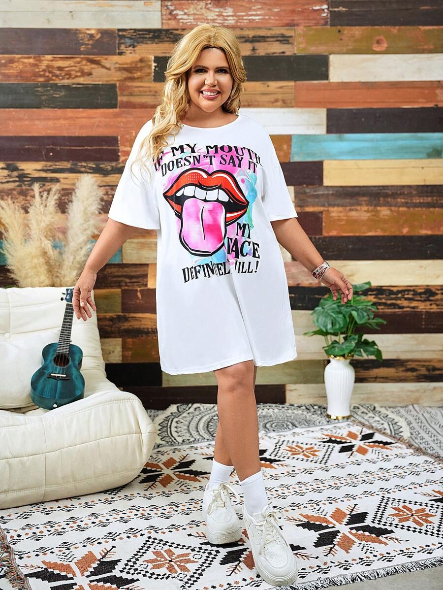 Slaydiva Casual And Simple Cartoon Print Plus-Size Dress, Suitable For Summer Suitable For Going Out - White - View 1
