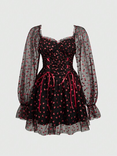 Kawaii Conjunto de vestido mini de princesa con malla con forma de corazón y shorts