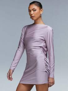 Athîral Women's Backless Hanging Draped Long Sleeve Dress Party Wear - Pink - View 4