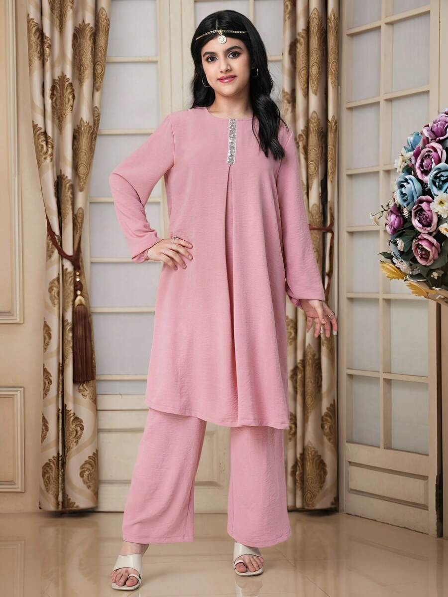SHEIN Teen Girls Casual Solid Color Round Neck Shirt Top Matching Loose Pants 2 Pieces Set - Pink - View 1