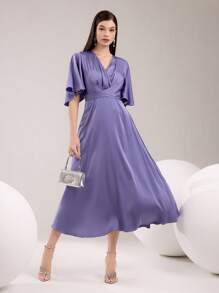 Modelyn 女士纯色中长连衣裙，简约时尚，适合日常休闲穿着 - 紫色 - 查看 4