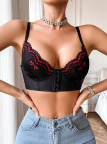 1pc Women's Lace Patchwork Button-Front Sexy Lingerie Bra Set - Black - View 6