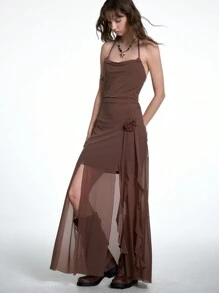 SHEIN EZwear 女士春夏约会之夜性感复古高开叉网眼连衣裙，带花朵装饰 - 棕色 - 查看 8