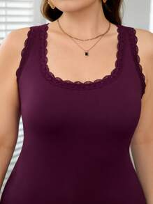 SHEIN Clasi Canotta in lavorazione a maglia elastica con pizzo a contrasto, per donna, taglia grande, primavera/estate