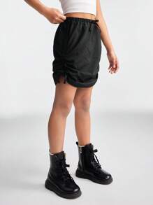 SHEIN 青少年女孩春夏音乐节可调节腰部黑色抽绳侧裙