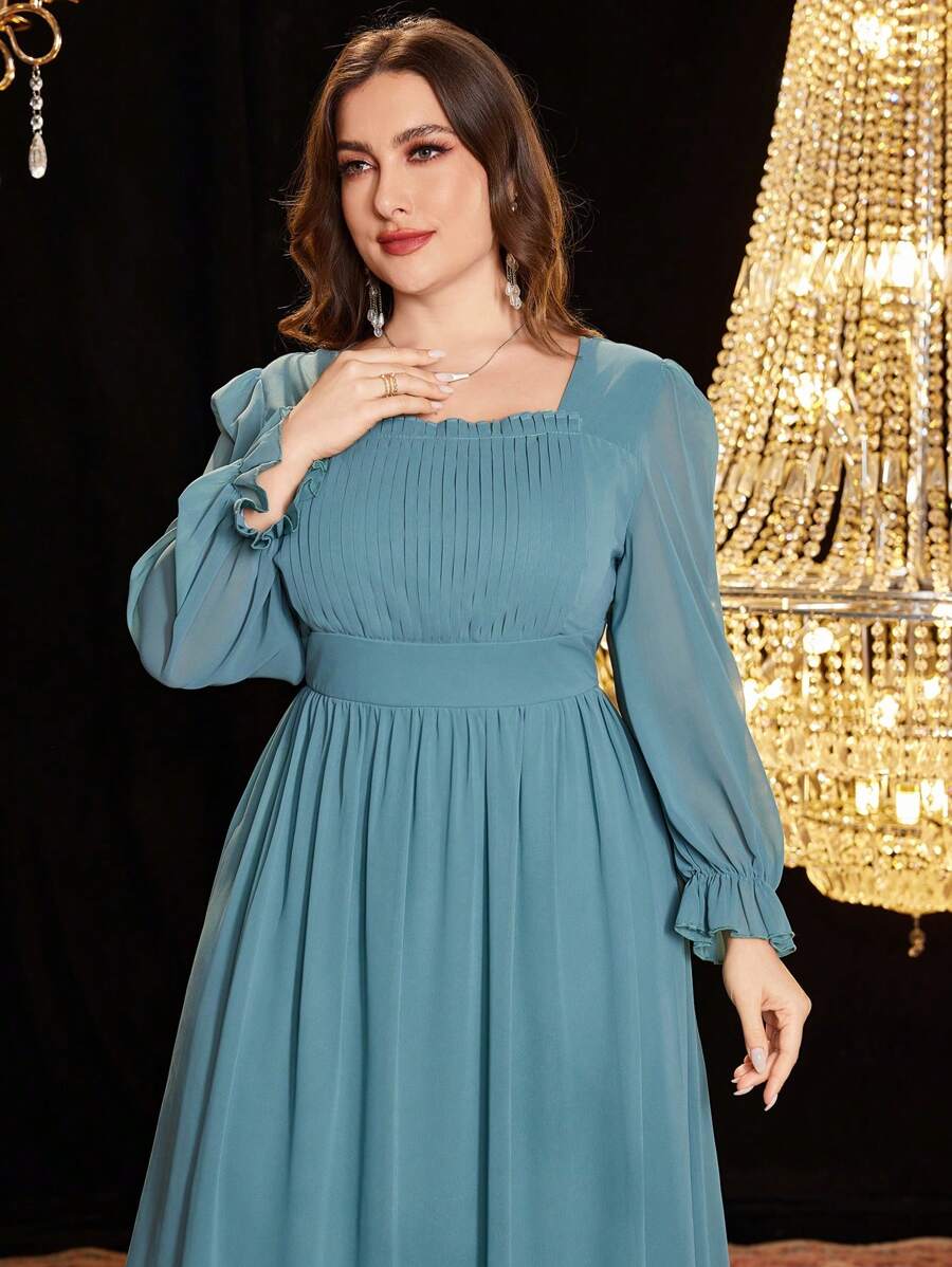 modelyn-plus-size-women-pleated-waist-elegant-ruffled-long-sleeve-dress