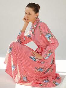 Aveloria Modichic Women Floral & Striped Print Ruffled Hem Long Sleeve Dress - Red - View 4