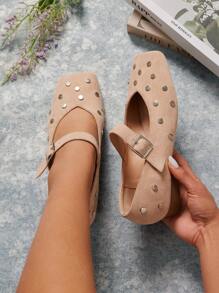 SHUZIA Zapatos de tacón de punta cuadrada cómodos y de fácil puesta para mujer - Beis - Ver 6