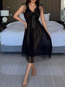 DAZY Cămașă de noapte cu decolteu în V adânc din dantelă din plasă transparentă pentru femei