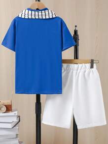 SHEIN 青少年男孩休闲短袖 Polo 衫和短裤两件套，时尚百搭，适合夏季 - 寶藍色 - 查看 2