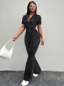 SHEIN SXY 女式紧身高腰长喇叭连体裤，短袖，性感有弹性，黑色 - 黑色 - 查看 6