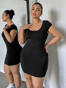 SHEIN EZwear 大码性感紧身弹力迷你连衣裙，黑色夏季，女士度假装，复活节，春季，西部，女士办公室装，狂欢装，婴儿送礼会礼服，乡村风，女士乡村装，老钱风格女士，外出装