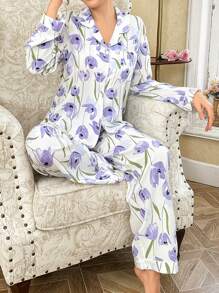 CottageSlumber 2pcs Floral Print Open Front Collar Long Sleeve Top & Long Pants Pajamas Set Holiday Season, Fall Clothes  Cozy And Elegant Details - White - View 5