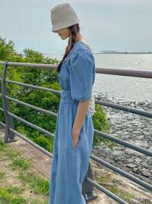 DAZY Women's Solid Color Square Neck High Waist Short Sleeve Jumpsuit Vacation - Medium Wash - View 2